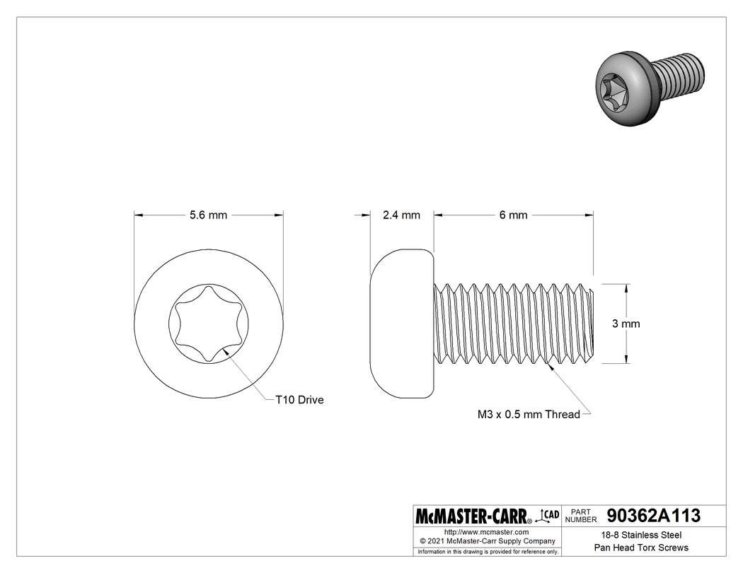 Technical Drawing of 18-8 Stainless Steel Pan Head Torx Screws, M3 x 0.50 mm Thread Size, 6 mm Long.